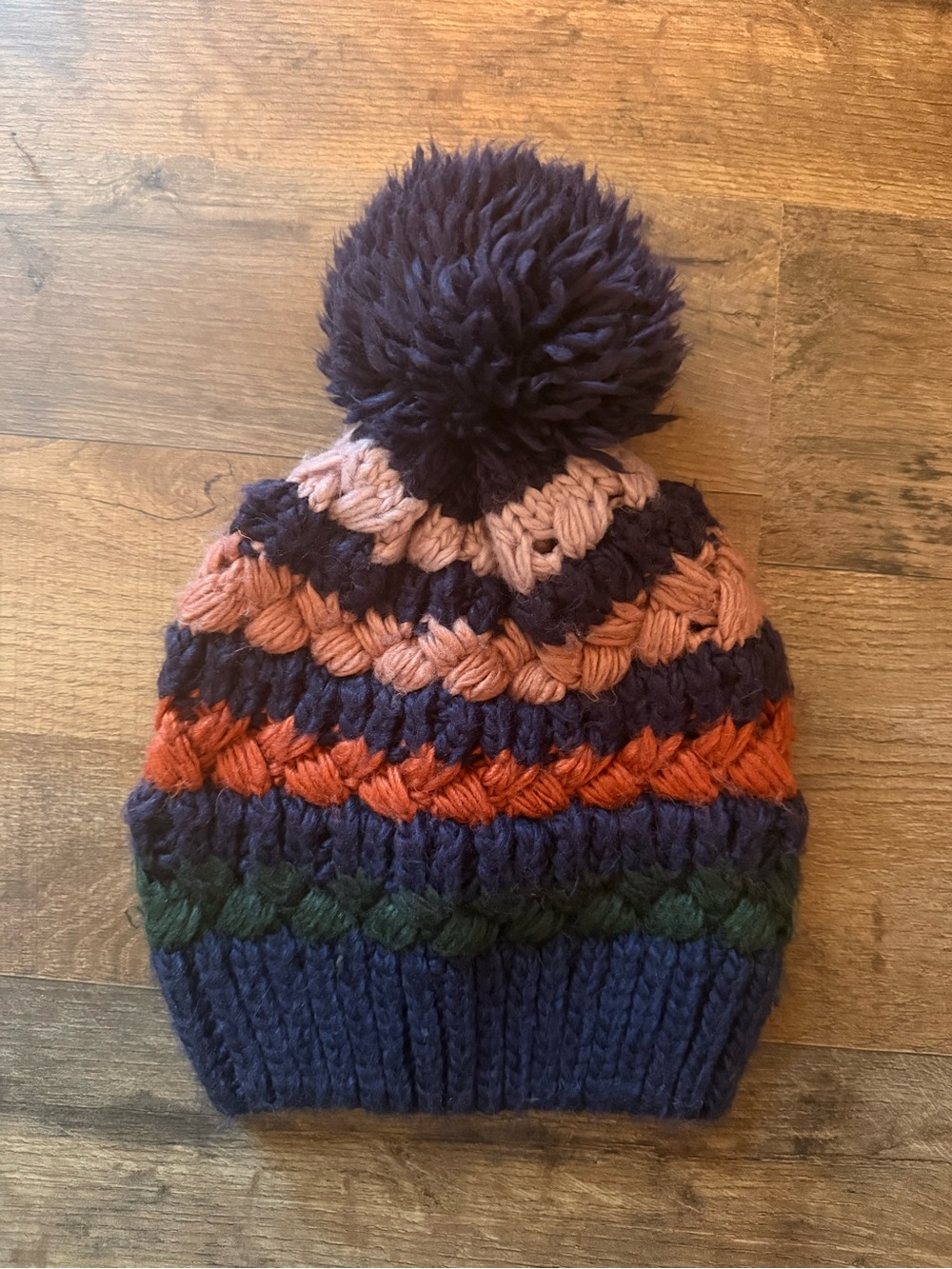 Vince Camuto Navy Beanie with Pink, Orange & Green Stripes and Pom